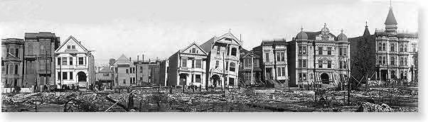 Row of damaged houses along South Van Ness Ave., between 17th and 18th streets.