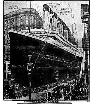 Titanic photo overlaid on picture of San Francisco's Market St. to give sense of the size of the vessel