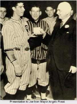 Mayor Angelo Rossi with a presentation for Joe Di Maggio about 1933