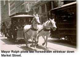 Mayor James Rolph drives last horse car down Market Street.