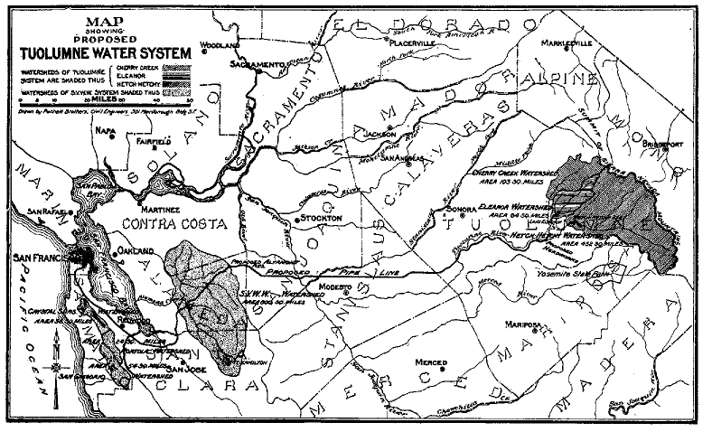 map of pipeline routing from the Sierra to San Francisco.