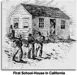 Wood cut of the first school house in California in Portsmouth Sq. San Francisco