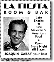 1961 ad for La Fiesta at Bay and Powell with photo of Joaquin Garay